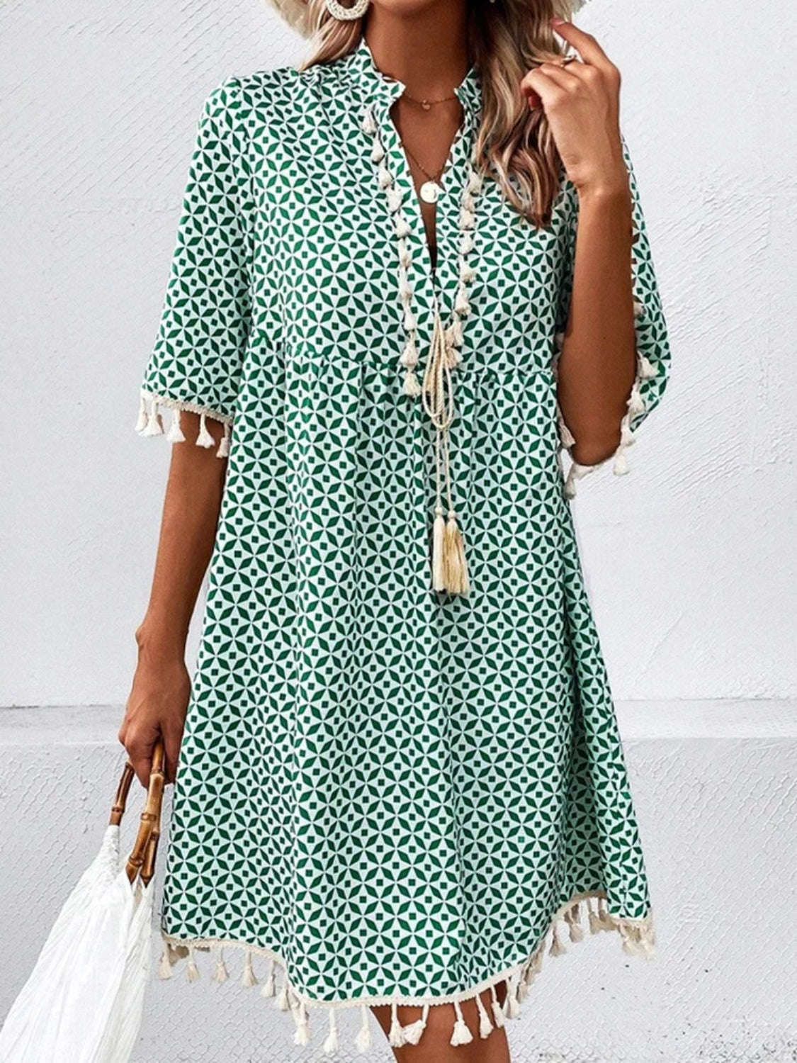 Tassel Printed Notched Half Sleeve Mini Dress - store name